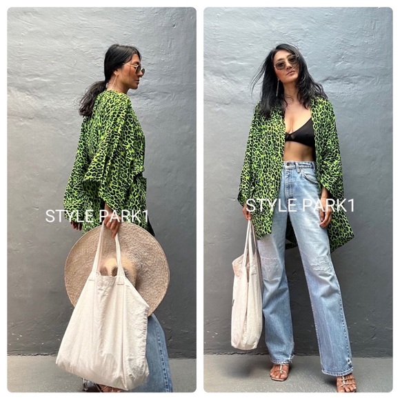 Style Park 1 Tops - Style Park 1 Neon Green Animal Print Cheetah Kimono w/Pockets OS Bali Bohemian